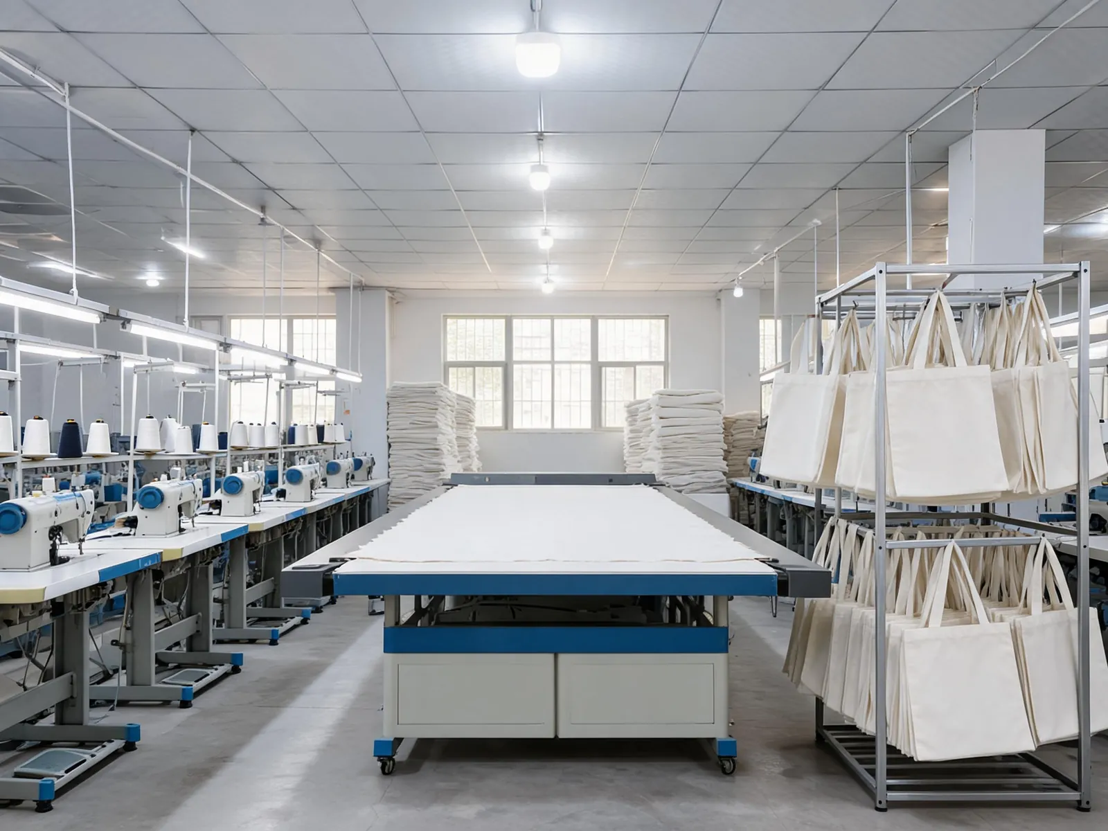 Taller de fabricacion de bolsas de lona limpio y preparado para exportacion