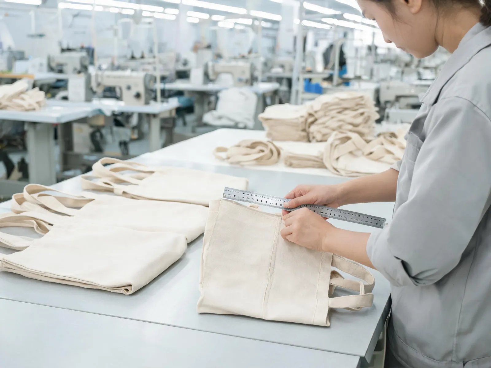 Inspeccion de control de calidad en fabrica de bolsas de lona
