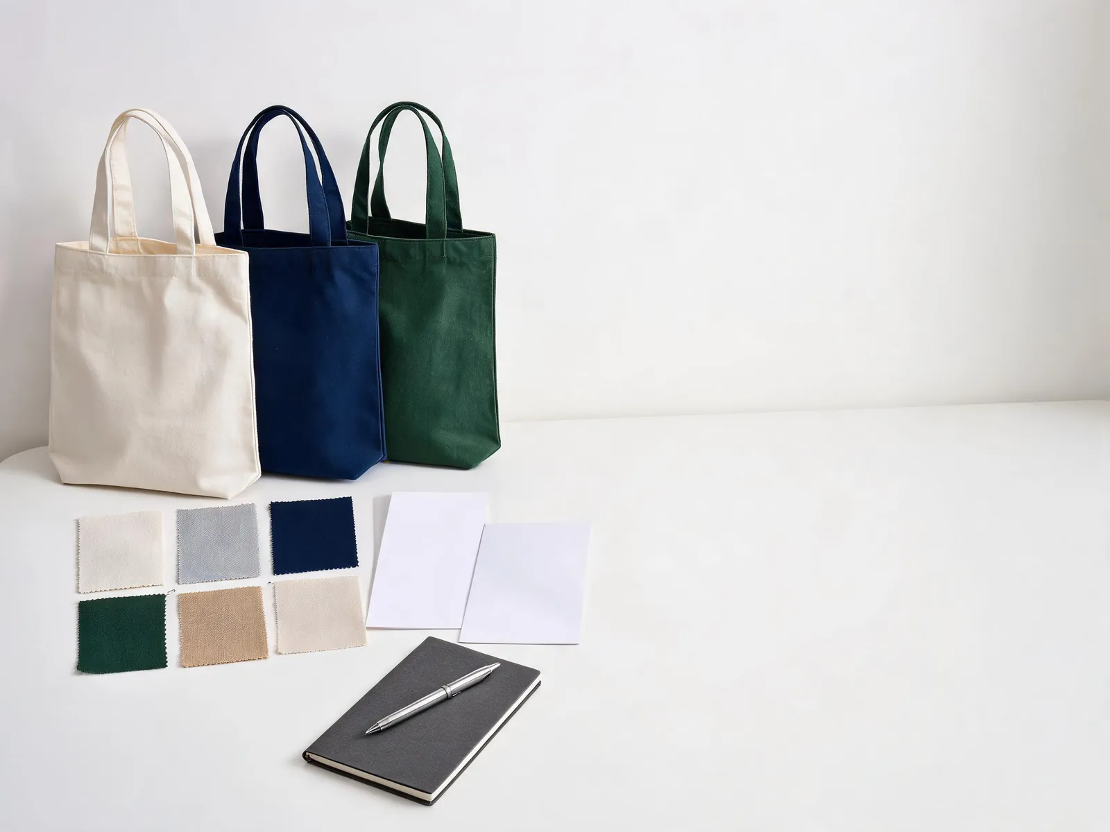 Muestras de bolsas tote de lona y telas preparadas para una cotizacion B2B